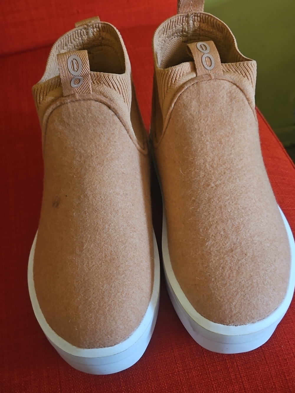 OOFOS Women's Slip-On Ankle Booties in Tan with White Sole